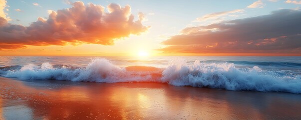Wall Mural - waves gently breaking on the shore as the sun sets with the colors of the sky reflected on the wet s