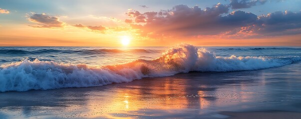 Wall Mural - waves gently breaking on the shore as the sun sets with the colors of the sky reflected on the wet s