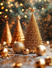 Wall Mural - golden christmas trees and ornaments sparkling on a festive background