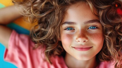 A joyful young girl with curly hair radiates happiness with her bright smile, set against a colorful background that enhances the atmosphere of cheerfulness.