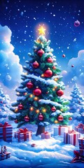 Wall Mural - big beautiful christmas tree covered in snow with presents underneath at night