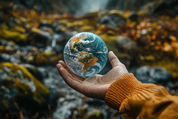 Wall Mural - a hand holding the earth as if it were fragile glass, representing the delicate balance of the envir