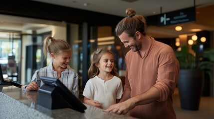 Family enjoying a joyful moment together at a hotel check-in desk during their vacation