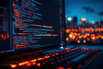 laptop with code on screen and keyboard lit by city lights at night