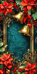 Wall Mural - golden christmas bells hanging on turquoise ornate background with red flowers