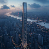 Ciekawe projekty drapaczy chmur - 0196 - Smukły szklany wieżowiec pod wieczór na tle panoramy miasta