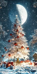 Christmas tree decorated with red baubles standing in snow covered forest at night