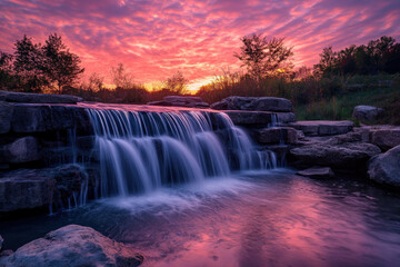 Sunset illuminates majestic waterfall surrounded by lush green forest, casting a golden glow over the cascading water and creating a magical ambiance.