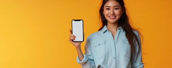 Full-body photo of an Asian woman smiling while holding a smartphone against a yellow background, showcasing modern technology and digital lifestyle.