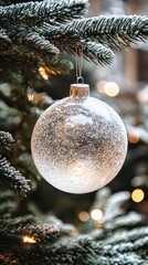 Transparent christmas ball hanging on a christmas tree branch