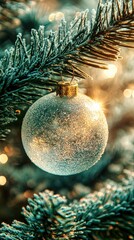 Transparent christmas ball hanging on a christmas tree branch