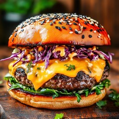 Delicious burger with black sesame seeds on a bun is sitting on a table