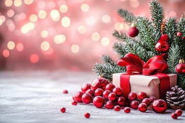 Christmas gift wrapped with red ribbon under christmas tree with lights