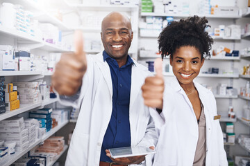 Sticker - Pharmacy, portrait and doctors with tablet for thumbs up, approval and thank you for customer service. Healthcare, man and woman with yes gesture for medicine, prescription and success for promotion