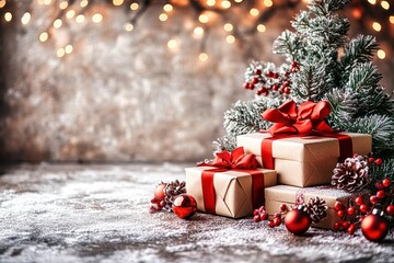 Wall Mural - christmas gift wrapped with red ribbon under christmas tree with lights