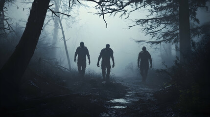 Illustration of three eerie zombies wandering through a foggy forest, designed as concept art   