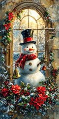 Cheerful snowman posing in a church window with christmas decorations