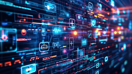 Futuristic user interface. Abstract technology background. Digital network connection. Glowing cyber geometric innovation. Modern data sphere. Vibrant neon information system. Computer screen concept.