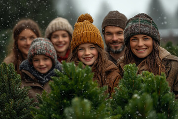 A joyful family poses together in a snowy forest, celebrating the holiday season while choosing Christmas trees