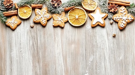Wall Mural - christmas border composition on rustic white wood with gingerbread cookies