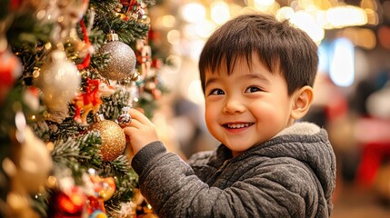 Happy little boy standing next to a christmas tree is smiling widely