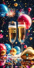 Two champagne glasses celebrating new year's eve 2025 with falling confetti and balloons