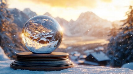 Poster - The crystal ball reflects a picturesque village surrounded by snow-covered mountains at sunset.
