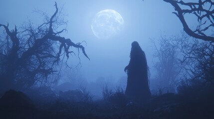 Spooky Gothic Halloween Night - 3D Render Illustration of Witch Casting Spells under Moonlit Sky