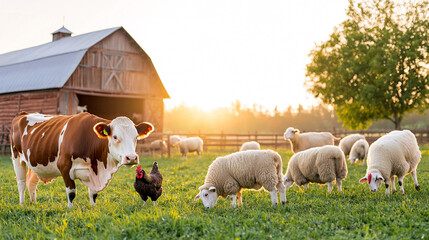 A picturesque barn setting with a group of peaceful farm animals including cows, sheep, and chickens grazing in a lush green pasture. 