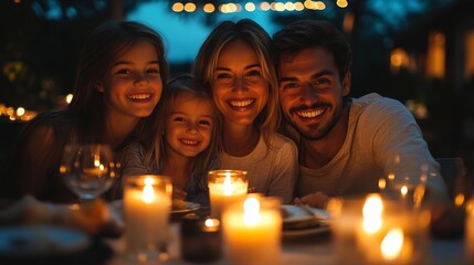 Wall Mural - A joyful family gathers around a table lit by candles, sharing laughter and love. The warm ambiance enhances their smiles as they enjoy the evening outdoors.