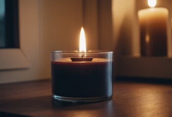 Burning candle in glass cup on wooden table in room, closeup