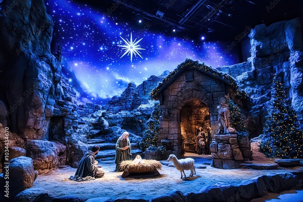 Christmas nativity scene depicting the birth of jesus with starry night ...