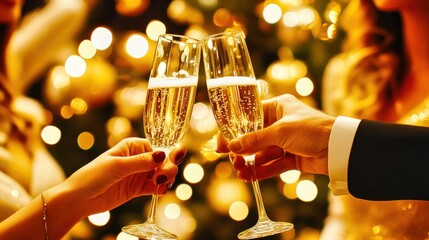 People holding champagne glasses making cheers toasting christmas party