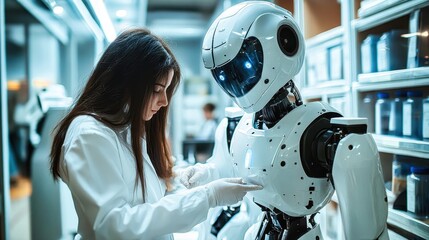 Female scientist working with a humanoid robot in a modern laboratory