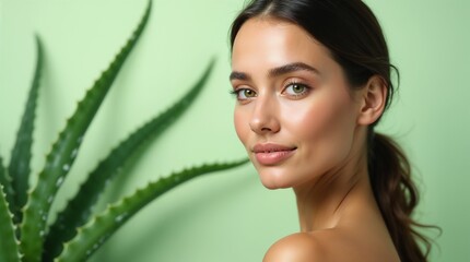 a beautiful woman with clear skin poses alongside a fresh aloe vera plant, emphasizing natural beaut