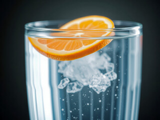 A glass of water with an orange slice on top. The glass is half full and the orange slice is floating on top of the water