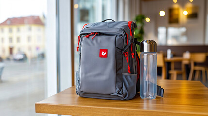 A close-up shot of a sporty backpack and water bottle displayed on a wooden table in a stylish cafe, emphasizing the sleek design and functionality of each accessory. 