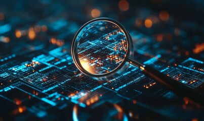 Exploring cybersecurity and privacy concepts for data protection. Magnifying glass uncovers security gaps. Internet network security technology.
