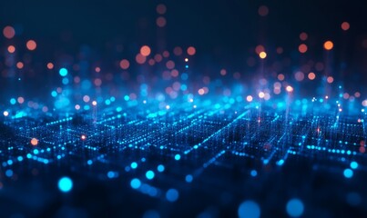 Digital cyberspace with streams of glowing blue data, resembling a futuristic cityscape at night
