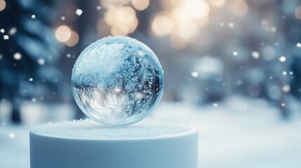 Poster - A beautifully crafted snow globe is positioned on a snowy base, surrounded by a serene winter landscape. Soft snowflakes gently fall around, creating a magical and tranquil atmosphere.