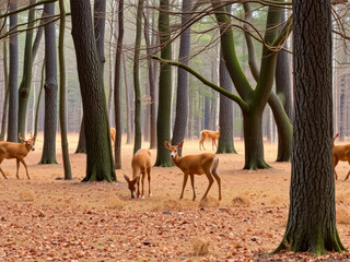 Wall Mural - A herd of deer are grazing in a wooded area. The scene is calm and tranquil, with the deer peacefully eating and the trees providing a natural backdrop. The leaves on the ground are brown