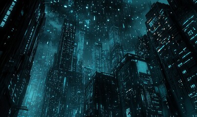 Digital cyberspace with streams of glowing blue data, resembling a futuristic cityscape at night