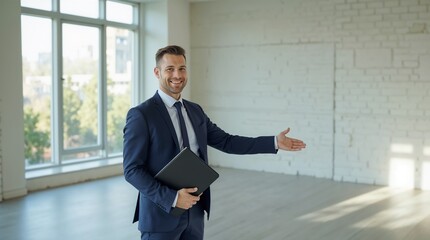 a cheerful real estate agent exhibits a spacious, empty office with large windows. the setting radia