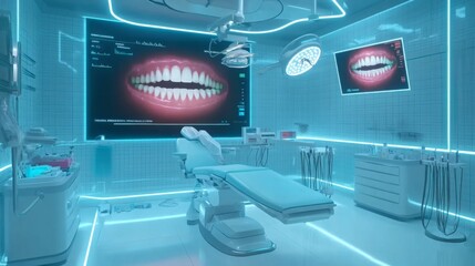 Poster - A futuristic dental office with a screen on the wall showing a close-up of teeth. The room is lit with blue and white lights, and the dental chair is empty