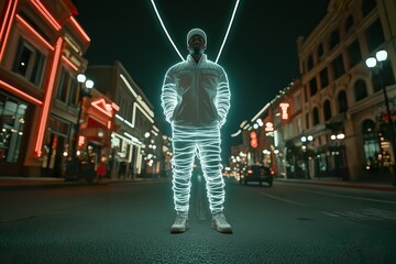 A figure illuminated by glowing lines stands on a city street at night