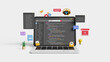 © DETHAL - Software and web development with AI. Smart AI coding assistant. Generating code or debugging application code. 3D AI robot helps to write coding programs on a laptop
