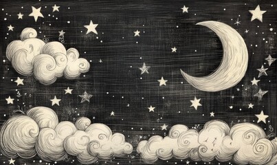 Wall Mural - Creative doodles featuring clouds, stars, and a crescent moon illustrate a whimsical night sky on textured paper in black ink