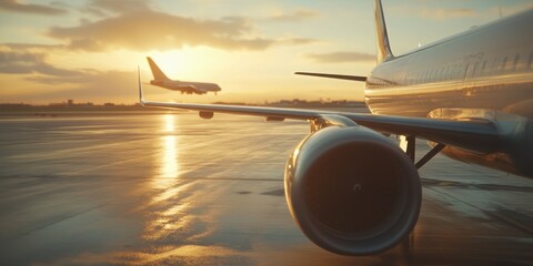 A close-up shot of the wing and engine on an airplane parked at sunset, with another plane in soft focus flying away in the background Generative AI