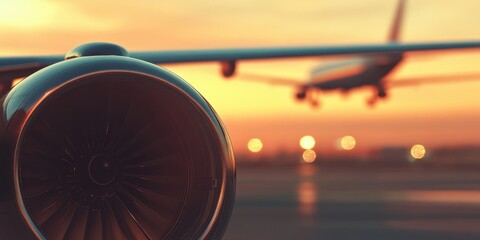 A close-up shot of the wing and engine on an airplane parked at an airport, with a blurred background showing the sunset sky and another plane taking off in the distance Generative AI