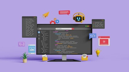 Wall Mural - software development with ai. ai coding assistant. smart web and app development. 3d robot assistant